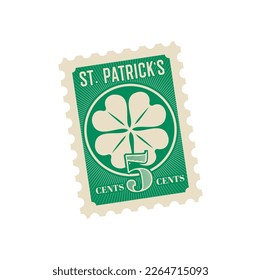 Saint Patrick day antique postcard, mail retro postage stamp. Irish national holiday greeting card, Saint Patrick day perforated postal stamp, envelope vector antique postmark with four leaf clover