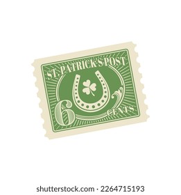 Saint Patrick day antique postcard, retro postage stamp and vintage mail. Saint Patrick holiday greeting card, nostalgic paper letter, postcard vector postal stamp with horseshoe, four leaf clover