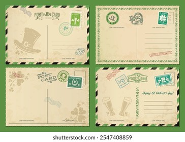 Saint Patrick day antique postcards, retro postage stamps and vintage mail, vector templates. St Patrick Day holiday greetings on post cards with Irish clover shamrock, leprechaun hat and green beer