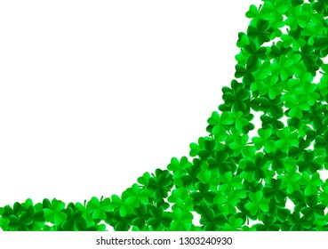 Saint Patrick day background with green bright leaves of trefoil clover and blank space for your text. Luck and success concept. Vector illustration