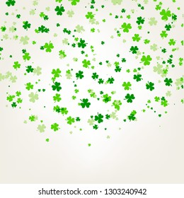 Saint Patrick day background with green leaves of trefoil clover falling from the sky and white space below. Luck and success concept. Vector illustration