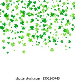 Saint Patrick day background with green leaves of trefoil clover falling from the sky. Luck and success concept. Vector illustration