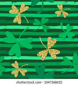Saint Patrick Day background. Seamless vector pattern with green stripes and green and golden trefoils.