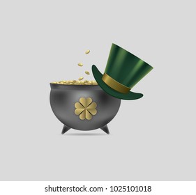 Saint Patrick day banner with cauldron and hat. Vector illustration