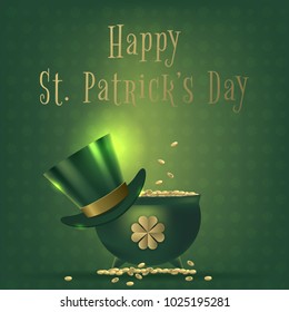 Saint Patrick day banner with cauldron and hat. Vector illustration