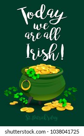 Saint Patrick day  banner. Greeting card whith shamrocks, gold coins and green pot.  Vector illustration