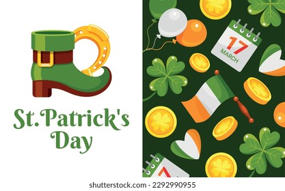 Saint Patrick Day banner Irish beer holiday isometric seamless pattern vector illustration. Traditional Celtic festive event leprechaun shoe horseshoe golden coin flag lucky clover shamrock celebrate