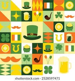 Saint Patrick day, bauhaus, background, pattern, geometrical, abstract, modern, beer, hat, ireland, clover, luck, orange, green, yellow, print, flat style, vector illustration, 