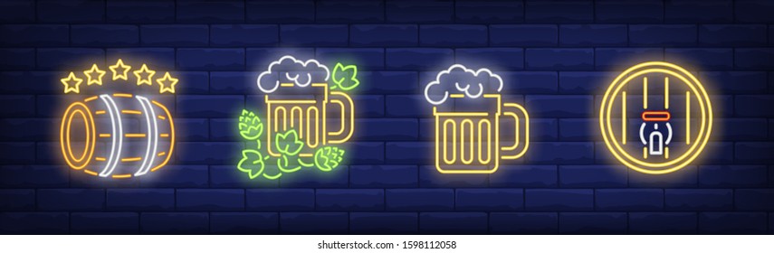 Saint Patrick day beer party neon sign set. Irish beer, pint, hop, barrel, keg. Vector illustration in neon style, bright banner for topics like bar, pub, Ireland