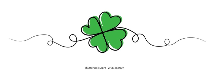 Saint Patrick Day border with continuous line drawing of four-leaved clover good luck symbol on transparent background. Vector illustration