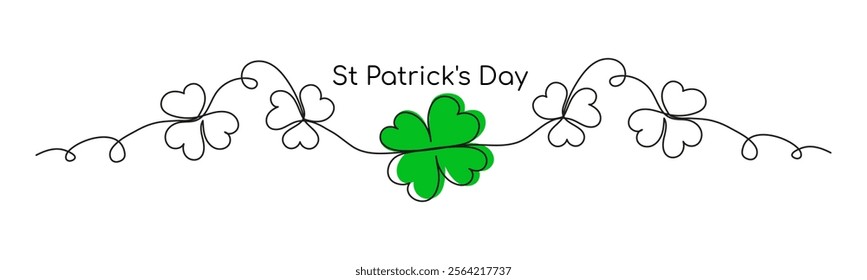 Saint Patrick Day border with continuous line drawing of four-leaved clover on white background St. Patrick day poster, card, invite, banner in retro style