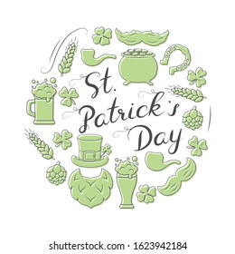 Saint Patrick Day border with lettering and quote. Irish holiday frame with gold pot, clover, hat, horseshoe, leprechaun beard, beer, hop and malt.