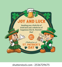 Día de San Patricio Niño y niña Retro de dibujos animados Mascota Carácter Groovy Antiguas Estilo para cartel, folleto, folleto, invitación, tarjeta de felicitación, Anuncio, Web, pegatina