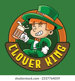Saint Patrick Day Boy holding Beer Retro Cartoon Mascot Character Groovy Vintage Style for poster, flyer, brochure, invitation, greeting card, banner