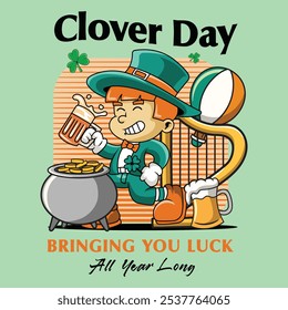 Saint Patrick Day Boy holding Beer with gold coins pot Retro Cartoon Mascot Character Groovy Vintage Style for poster, flyer, brochure, invitation, greeting card, banner