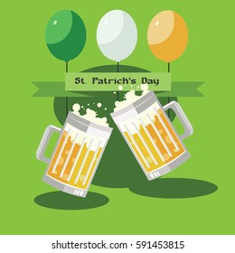 Saint Patrick Day Card with beer and ballons on Green Background. Calligraphic Lettering Happy St Patricks Day. Vector Illustration.