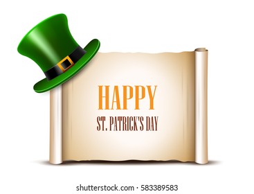 Saint Patrick Day card design. Green top hat and ancient paper roll on background. There is space for text.