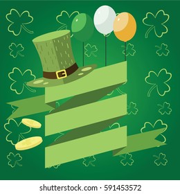 Saint Patrick Day Card with, Green Hat and Shamrock on Green Background.
