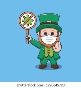 Saint patrick day. Cartoon character leprechaun stops the corona virus