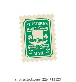 Saint Patrick day celebration antique postcard, mail vintage postage stamp. Holiday greeting letter or card, Saint Patrick celebration antique perforated green stamp with leprechaun hat, clover leaf