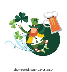 Saint Patrick day celebration, irish jig dancing leprechaun gnome holding beer jug and shamrocks