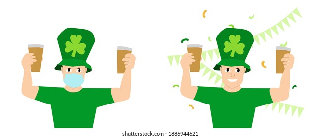Saint Patrick Day celebration. Man in green clothes and traditional hat with beer glasses in hands. Flat style cute vector illustration