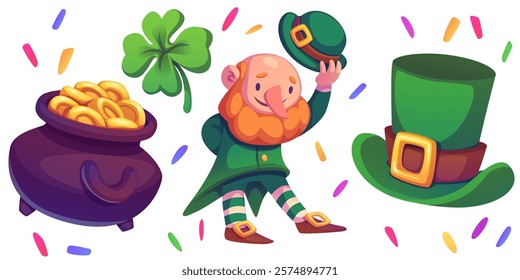 Saint Patrick day celebration set - cheerful leprechaun character, dark pot filled with golden coins, emerald shamrock leaf, green top hat with buckle, colorful confetti. Holiday greeting elements.