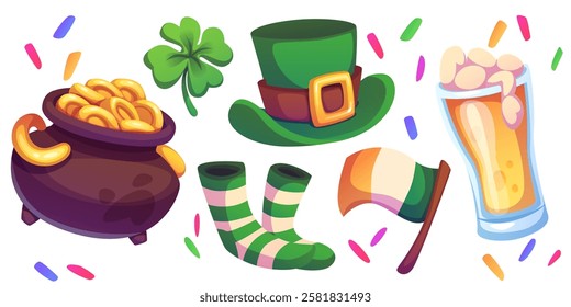 Saint Patrick day celebration set with traditional elements - magical cauldron full gold coins, lucky clover shamrock, leprechaun green hat with buckle, striped socks, Irish flag, foamy beer glass.