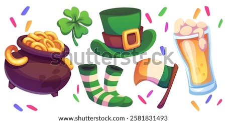 Saint Patrick day celebration set with traditional elements - magical cauldron full gold coins, lucky clover shamrock, leprechaun green hat with buckle, striped socks, Irish flag, foamy beer glass.