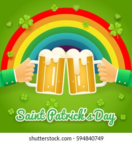 Saint Patrick Day Celebration Success and Prosperity Symbol Hands Holds Mug of Beer Foam Icon on Stylish Background Greeting Card Flat Design Vector Illustration