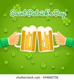 Saint Patrick Day Celebration Success and Prosperity Symbol Hands Holds Mug of Beer Foam Icon on Stylish Background Greeting Card Flat Design Vector Illustration