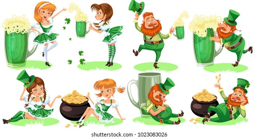 Saint patrick day characters, leprechaun and girl with mug of green beer, glass full alcohol ale, drunk man in cylinder symbol of luck shamrock, cartoon elf sits near pot full gold money isolated on