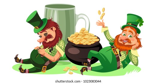 Saint patrick day characters, leprechaun with mug of green beer, glass full alcohol ale, drunk man in cylinder symbol of luck shamrock, cartoon elf sits near pot full gold money isolated on white