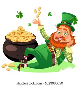Saint patrick day characters, leprechaun with Red beard man in cylinder symbol of luck shamrock, cartoon elf sits near pot full gold money isolated on white vector illustration