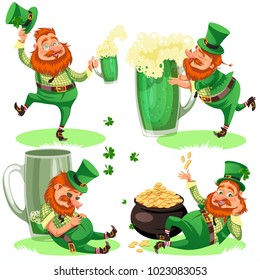 Saint patrick day characters, leprechaun with mug of green beer, glass full alcohol ale, drunk man in cylinder symbol of luck shamrock, cartoon elf sits near pot full gold money isolated on white