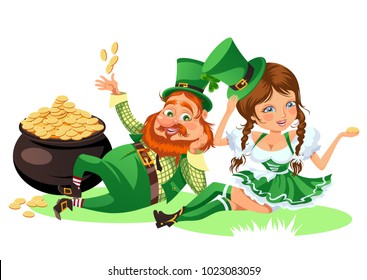 Saint patrick day characters, leprechaun and girl with mug of green beer, glass full alcohol ale, drunk man in cylinder symbol of luck shamrock, cartoon elf sits near pot full gold money isolated on