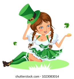 Saint patrick day characters, sexy girl in stockings and cylinder with irish symbol of luck shamrock leaf, woman in short green dress, cartoon lady in costume isolated on white vector illustration.