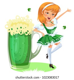 Saint patrick day characters, sexy girl in stockings with mug of green beer, glass full alcohol ale, woman in short dress, cartoon lady in costume isolated on white vector illustration.