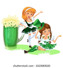 Saint patrick day characters, sexy girl in stockings with mug of green beer, glass full alcohol ale, woman in short dress, cartoon lady in costume isolated on white vector illustration.