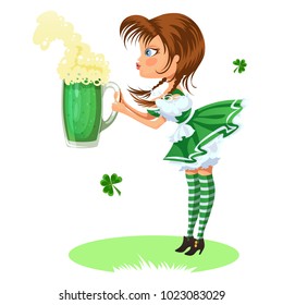 Saint patrick day characters, sexy girl in stockings with mug of green beer, glass full alcohol ale, woman in short dress, cartoon lady in costume isolated on white vector illustration.