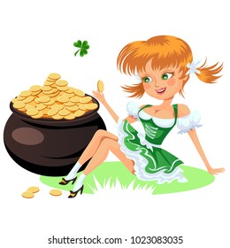Saint patrick day characters, sexy girl in stockings and cylinder with irish symbol luck shamrock leaf, cartoon woman short green dress sits near pot full gold isolated on white vector illustration.