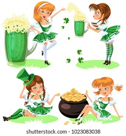 Saint patrick day characters, sexy girl in stockings with mug of green beer, glass full alcohol ale, woman in short dress, cartoon lady in costume isolated on white vector illustration.