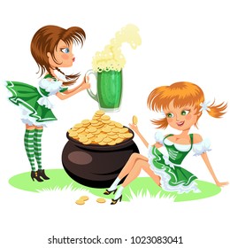 Saint patrick day characters, sexy girl in stockings and cylinder with irish symbol luck shamrock leaf, cartoon woman short green dress sits near pot full gold isolated on white vector illustration.