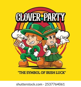 Saint Patrick Day Clover Party Boy and Girl Retro Cartoon Mascot Character Groovy Vintage Style for poster, flyer, brochure, invitation, greeting card, banner