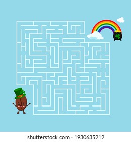 Saint Patrick day coffee bean maze game. Help coffee grain boy in leprechaun hat to find right way to rainbow and cauldron with gold in labyrinth. Vector flat design  illustration in cartoon style.