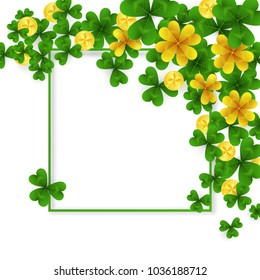 Saint Patrick Day corner decoration with green and gold four and tree Leaf clovers and golden coins on white background. Party invitation template.Lucky,success and money symbols vector illustration