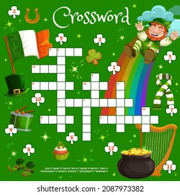 Saint Patrick Day crossword puzzle game quiz worksheet. Cartoon vector leprechaun and Irish symbols crossword grid with green clover leaves, horseshoe and rainbow with treasure pot of gold coins