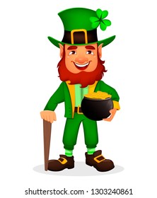 Saint Patrick day. Cute funny cartoon character Leprechaun stands with walking cane and holds pot with gold. Great design for any purposes. Vector illustration