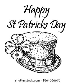 Saint Patrick Day decoration. Cloverleaf and green hat. Saint Patrick's Day typographical sketch background