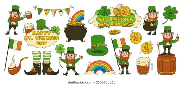 Saint Patrick day elements. Cartoon funny gnome and leprechaun holds clover, drink mug, pot of gold, irish beer festival lucky, green comic dwarf with cauldron tidy vector isolated set